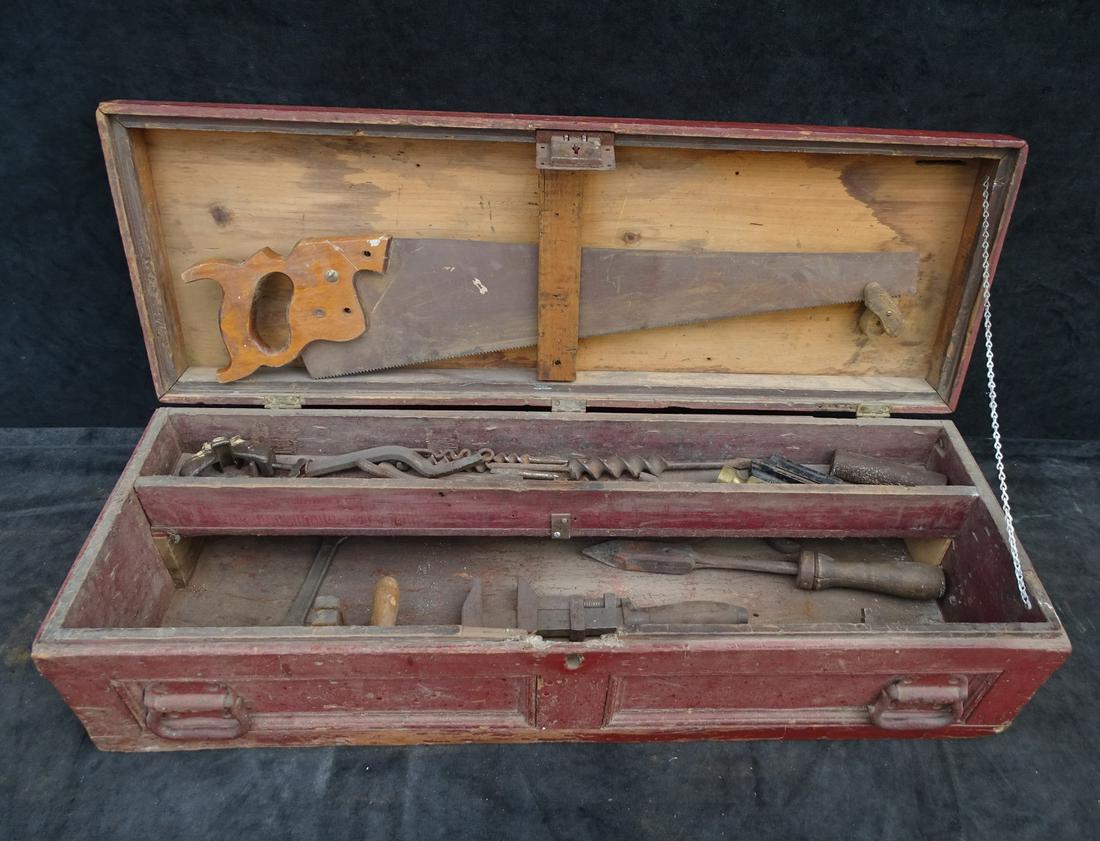 ANTIQUE TOOLBOX W/ CONTENTS 9" X 34 3/4" X 12" (1 of 9)