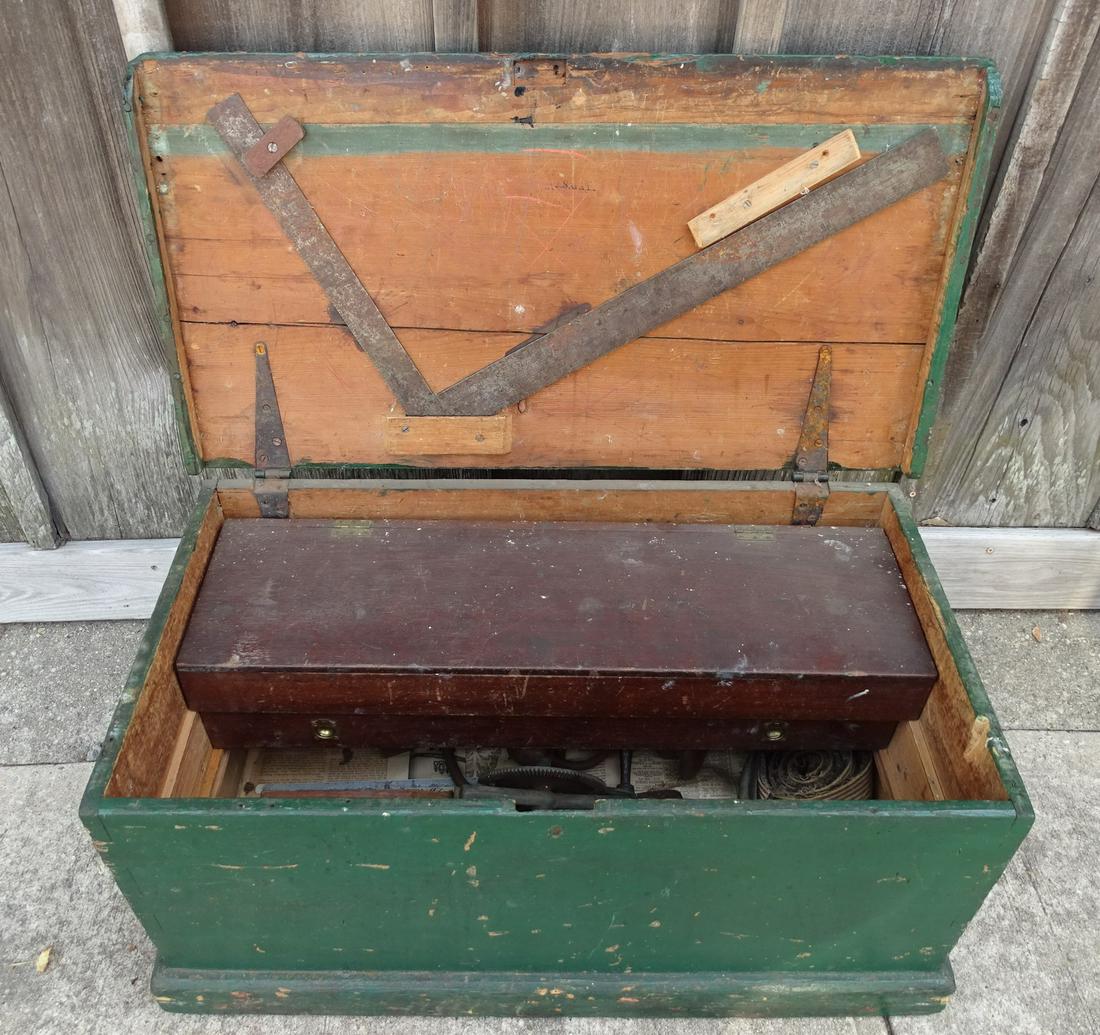 ANTIQUE GREEN PAINTED TOOLBOX W/ CONTENTS: ANTIQUE GREEN PAINTED TOOLBOX W/ CONTENTS