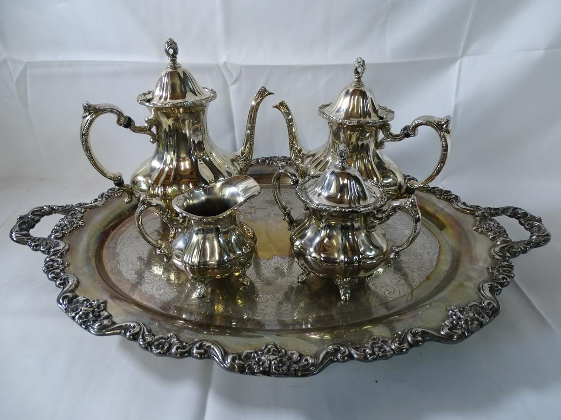 TOWLE SILVER PLATE 4 PIECE TEA SET AND FOOTED 2 HANDLE TRAY 2.75" X 30.25" X 20.25" (1 of 15)