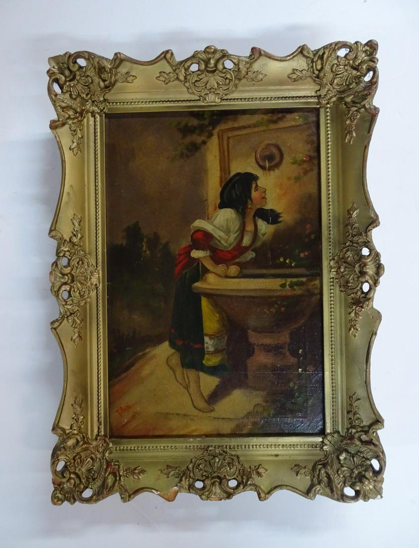 T. ROSSI [?] SIGNED ITALIAN? GENRE SCENE GYPSY GIRL AT FOUNTAIN, 19/20TH CEN. OIL ON CANVAS 18" X (1 of 12)