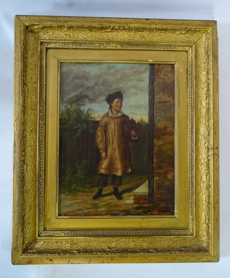 F. H. SMITH [AFTER HUNT] SIGNED GENRE SCENE, YOUNG BEGGAR IN COUNTRYSIDE, 1875. OIL ON CANVAS 12.5" (1 of 11)