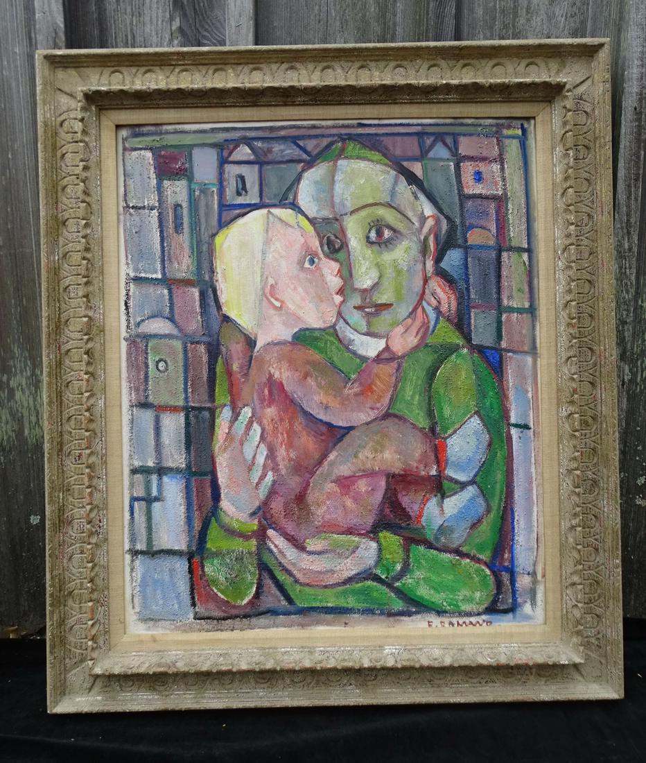 EMANUEL GLICEN ROMANO SIGNED CUBIST "FATHER & CHILD" BEFORE CA. 1950, OIL ON BOARD 29" X 24" IMAGE (1 of 9)