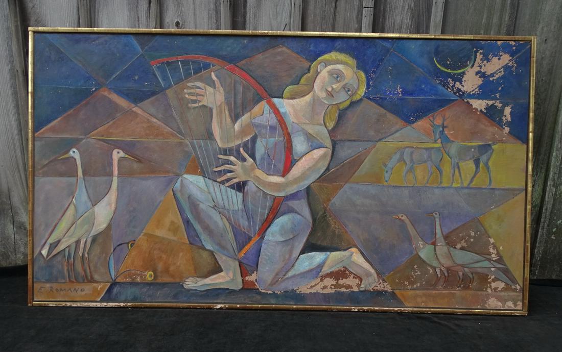 EMANUEL GLICEN ROMANO SIGNED CUBIST 'HARP PLAYER' BEFORE CA. 1950, OIL/MASONITE 45" X 81"FRAME (1 of 12)