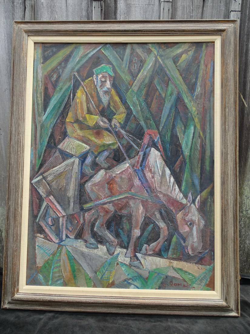 EMANUEL GLICEN ROMANO SIGNED CUBIST MAN WITH HORSE & CART BEFORE CA. 1950 OIL/BOARD 39" X 29" IMAGE (1 of 8)