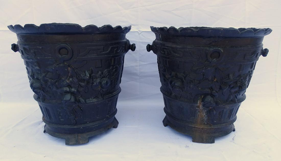 PAIR OF CAST IRON PLANTERS GOOD SIZE, FIGURAL WITH TWIN HANDLES 20" HIGH 20 1/2" DIA.: PAIR OF CAST IRON PLANTERS GOOD SIZE, FIGURAL WITH TWIN HANDLES 20" HIGH 20 1/2" DIA.