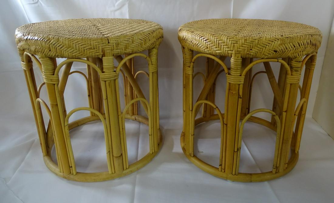 PAIR BAMBOO & WICKER STOOLS/SIDE TABLES 17 1/2" 17 1/2" DIA. (1 of 7)
