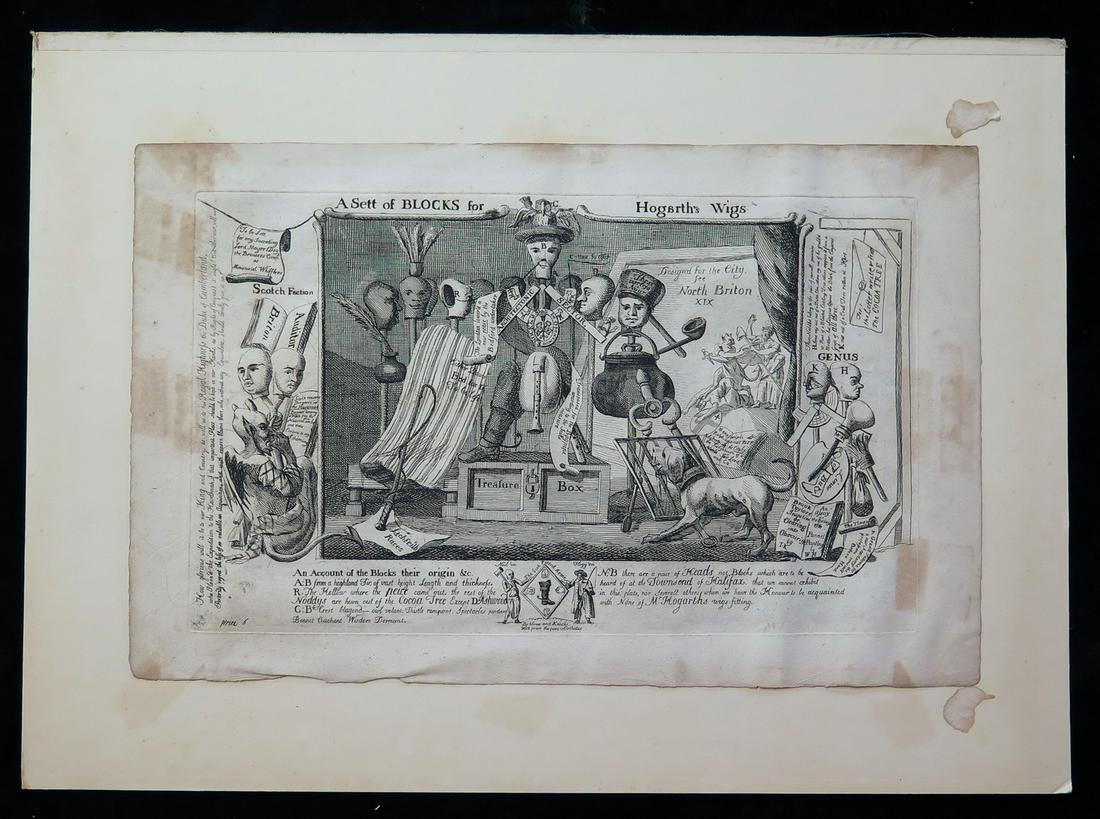 PAUL SANBY PRINTER "A SET OF BLOCKS FOR HOGARTHS WIGS" 1762-63 ETCHING 11.25" X 17.75" SHEET: PAUL SANBY PRINTER "A SET OF BLOCKS FOR HOGARTHS WIGS" 1762-63 ETCHING 11.25" X 17.75" SHEET [BRITISH SCHOOL SATIRE]