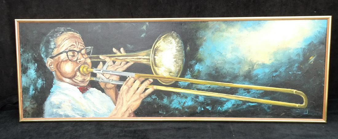 D. DOORSTOP SIGNED "JAZZ TROMBONE PLAYER" 1966 OIL/CANVAS 14" X 46" AUTOGRAPH VERSO WALDREN FROZZ: D. DOORSTOP SIGNED "JAZZ TROMBONE PLAYER" 1966 OIL/CANVAS 14" X 46" AUTOGRAPH VERSO WALDREN FROZZ JOSEPH