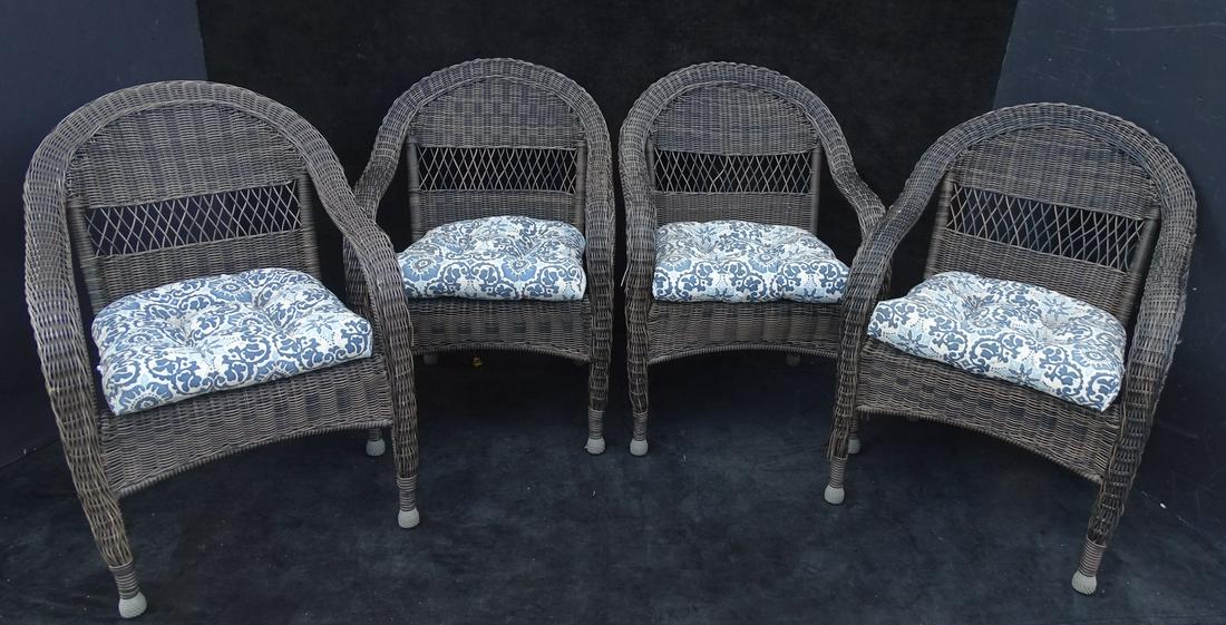 4 FAUX ALL WEATHER WICKER CHAIRS 35" X 25.5" X 27": 4 FAUX ALL WEATHER WICKER CHAIRS 35" X 25.5" X 27"
