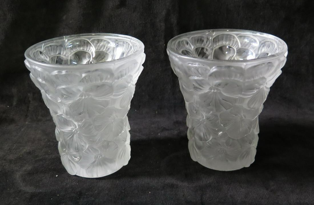 PAIR LALIQUE FRANCE FLOWER MOTIF VASES 5.75" HIGH X 5" DIA. (1 of 5)
