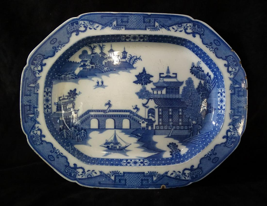 CANTON BLUE & WHITE PLATTER SEVERAL CHIPS 20" X 15.5" (1 of 7)