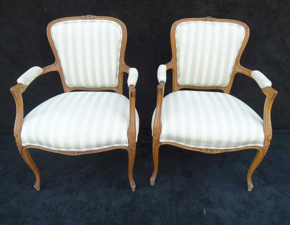 PAIR OF LOUIS XV STYLE UPHOLSTERED FAUTEUILS 32 X 22 24: PAIR OF LOUIS XV STYLE UPHOLSTERED FAUTEUILS 32 X 22 24