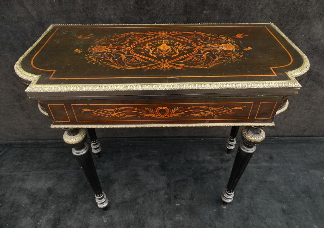 MARQUETRY INLAID EBONIZED NAPOLEON III BRONZE MOUNTED FOLD OVER GAMES TABLE (1 of 18)