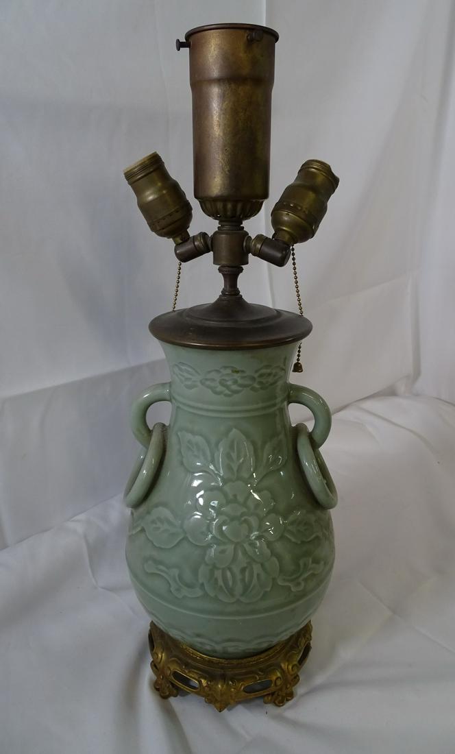 CHINESE CELADON LAMP, MOSS GREEN WITH LOOPED HANDLES (1 of 6)