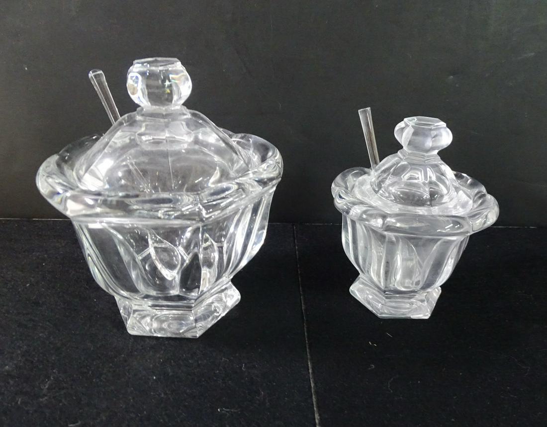 2 BACCARAT JAM JARS W/LIDS AND SPOONS (GLASS) 4 X 3 DIA. & 5 X 5 DIA. (1 of 7)