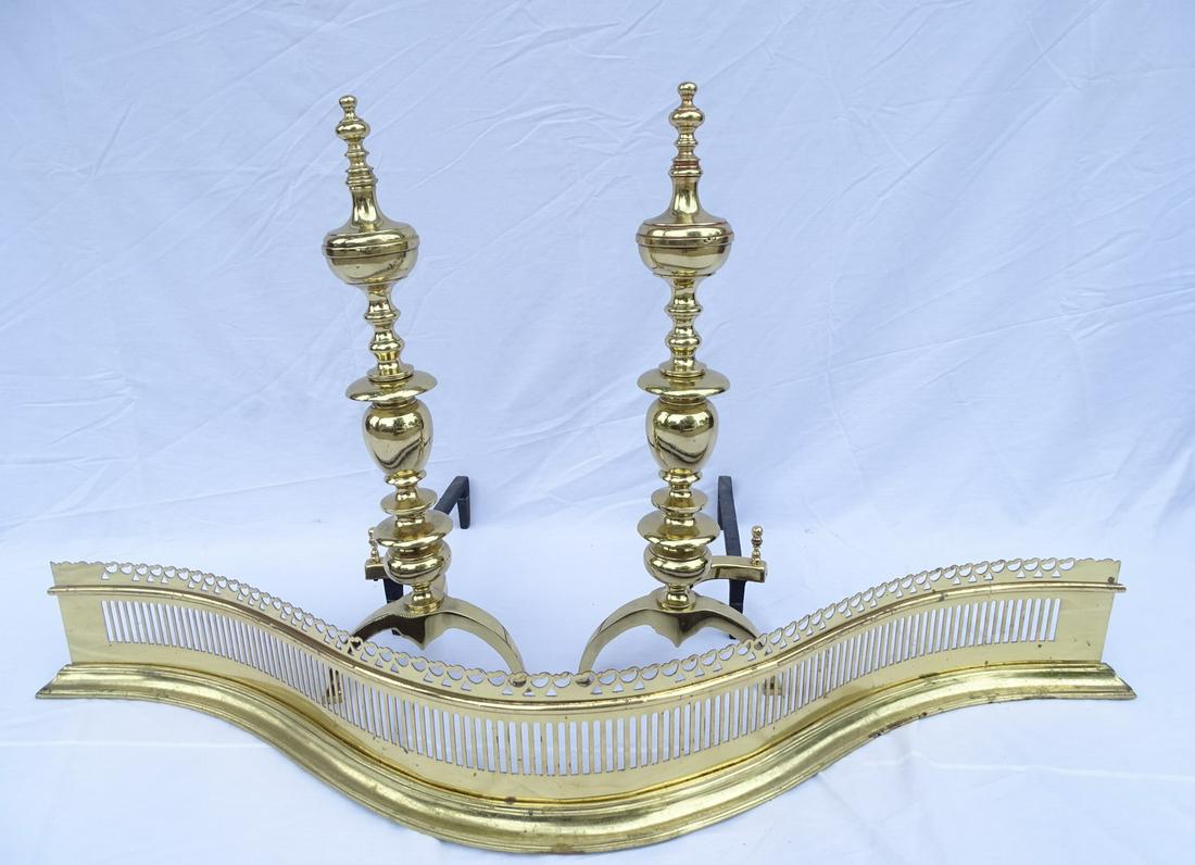 BAIR BRONZE ANDIRONS & WILLIAMSBURG PEIRCED SERP. FENDER 25.5": BAIR BRONZE ANDIRONS & WILLIAMSBURG PEIRCED SERP. FENDER 25.5"