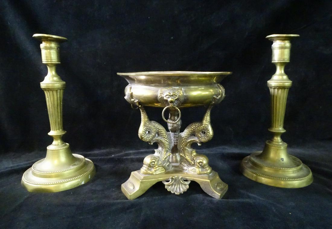PAIR BRASS CANDLESTICKS AND FIGURAL CENTER BOWL STICKS 11''H. (1 of 6)