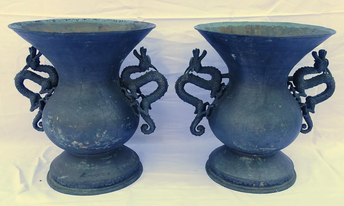 PAIR CHINESE BRONZE DRAGON URNS (1 of 11)