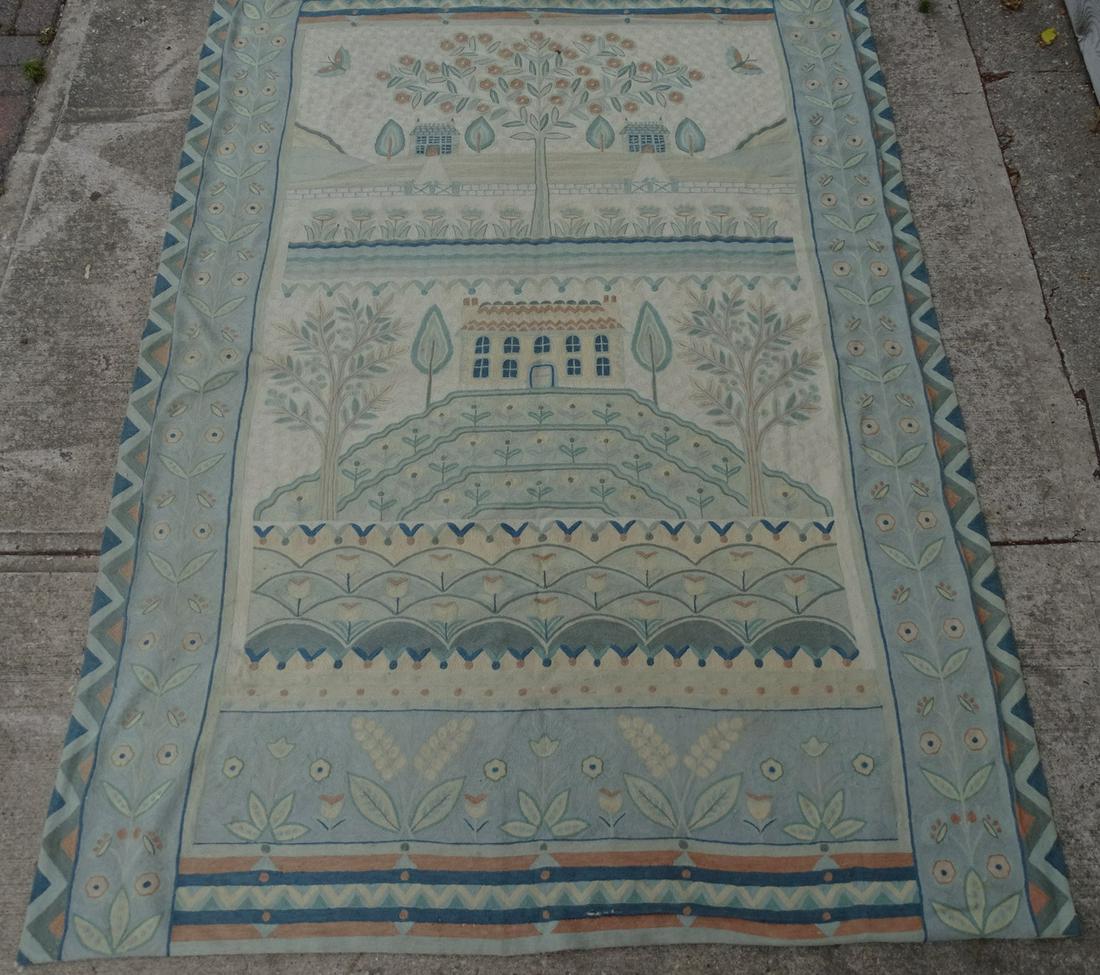 WHIMSICAL CREWEL WORK RUG W/HOUSE AND GARDEN MOTIF 83" X 62" (1 of 12)