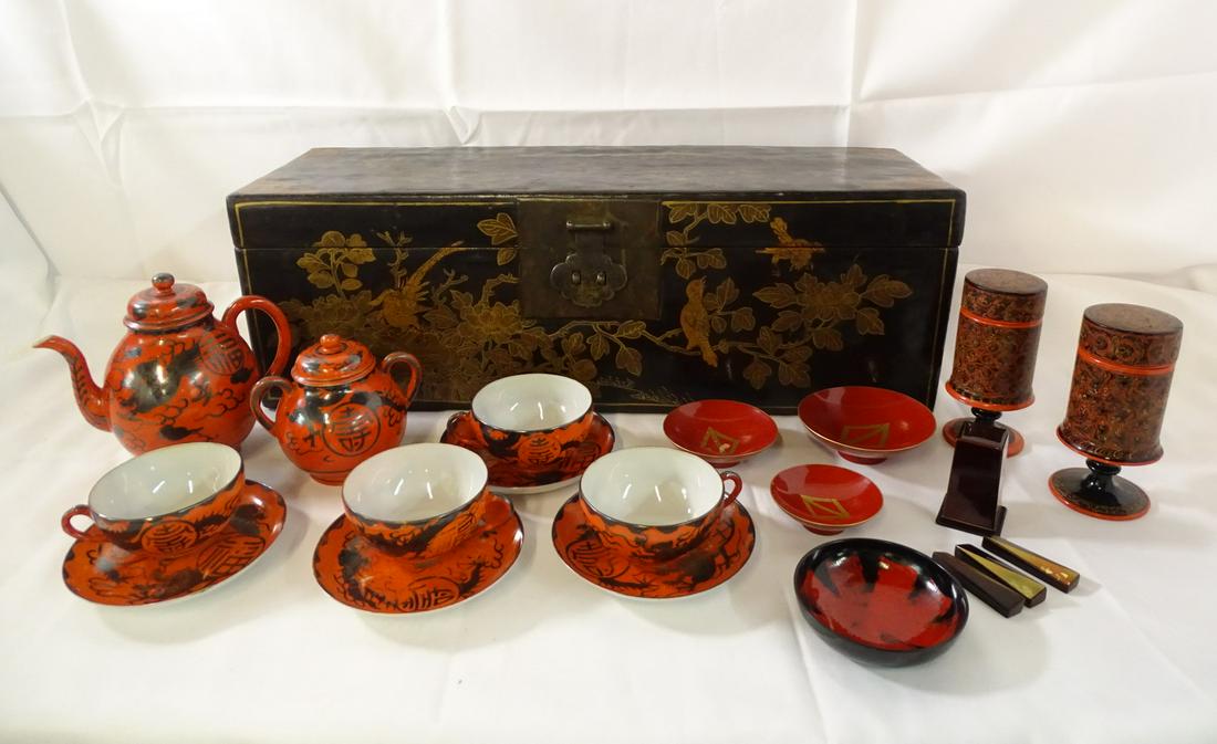 19TH CENTURY ASIAN TEA CHEST W/CONTENTS LACQUERED & DECORATED (1 of 13)