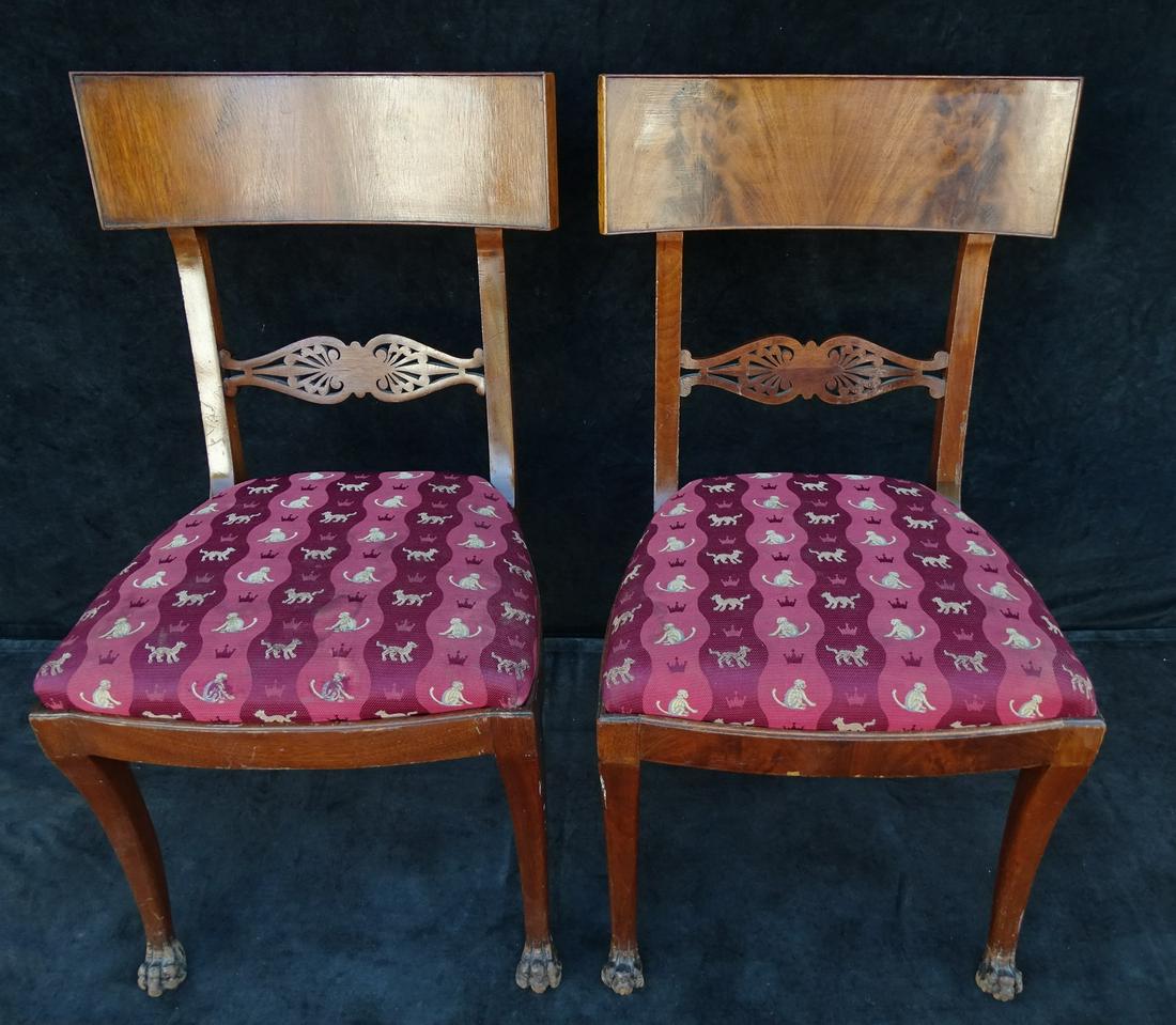 PAIR REGENCY STYLE MAHOGANY SIDE CHAIRS UPHOLSTERED W/ MONKEY & LEOPARD MOTIF 37 X 20 X 17: PAIR REGENCY STYLE MAHOGANY SIDE CHAIRS UPHOLSTERED W/ MONKEY & LEOPARD MOTIF 37 X 20 X 17