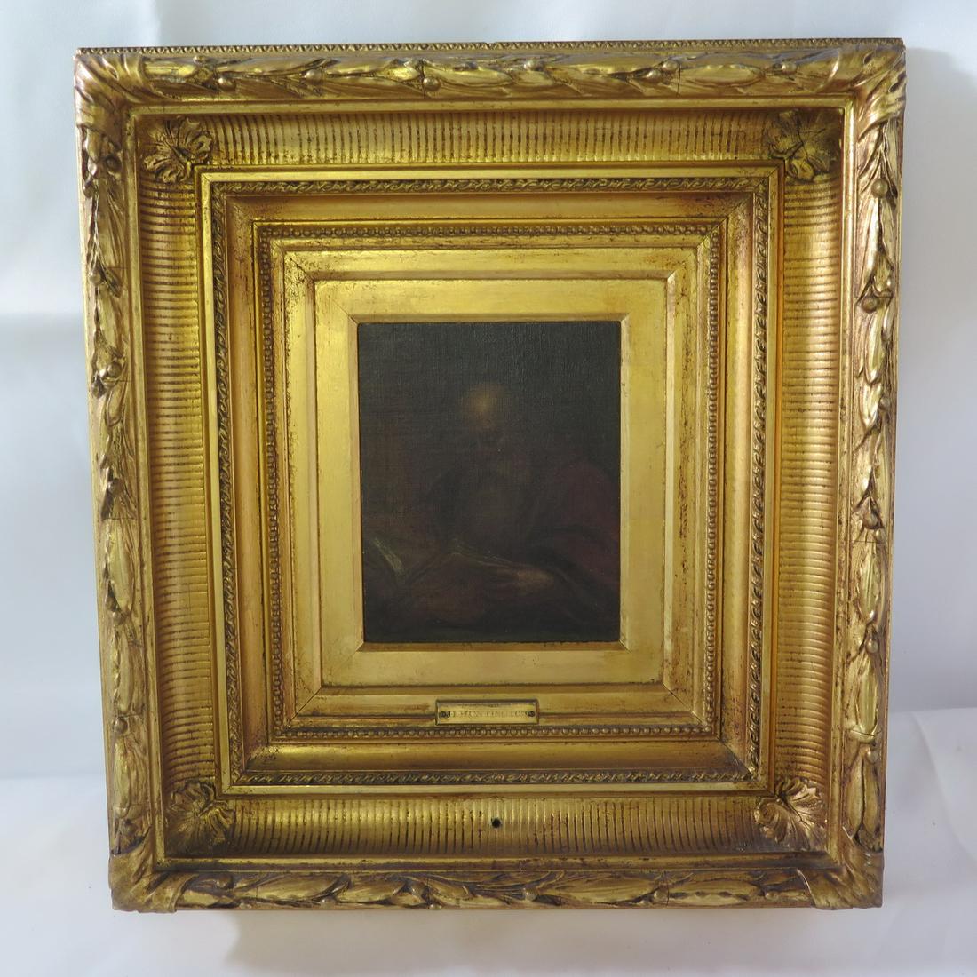 DANIEL HUNTINGTON (ATRRIB.) PORTRAIT OF A SCHOLAR, BEFORE 1906 OIL/CANVAS 5.75"X 4.75" IMAGE W/: DANIEL HUNTINGTON (ATRRIB.) PORTRAIT OF A SCHOLAR, BEFORE 1906 OIL/CANVAS 5.75"X 4.75" IMAGE W/ HEAVY GILT FRAME
