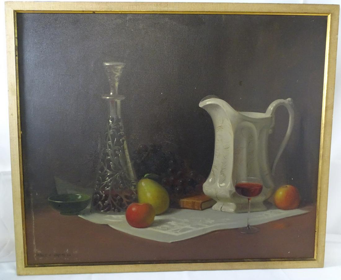 HERBERT E. ABRAMS SIGNED STILL LIFE W/ PITCHER, VASE & WINE GLASS, 1964, OIL/CANVAS 24.5"X 029/.5": HERBERT E. ABRAMS SIGNED STILL LIFE W/ PITCHER, VASE & WINE GLASS, 1964, OIL/CANVAS 24.5"X 029/.5" IMAGE