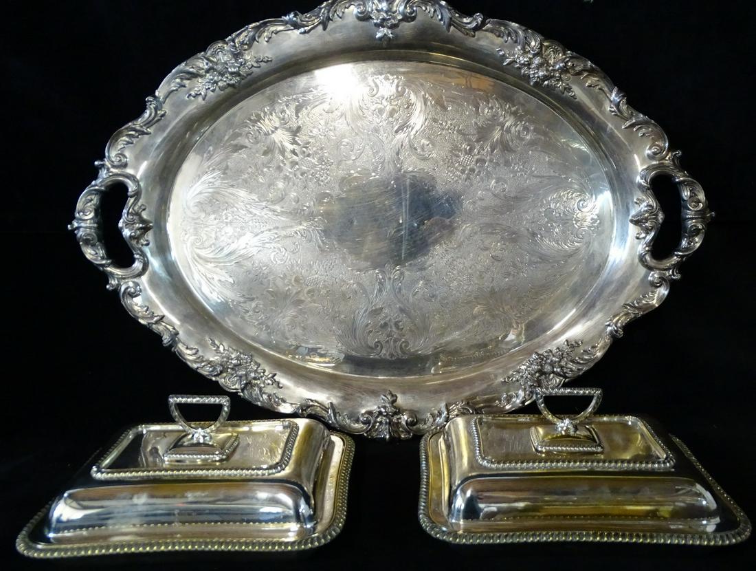 IMPRESSIVE SILVER PLATE LOT INC. REED & BARTON S/P TRAY & 2 S/P VEG DISHES & S/P COVERED TUREEN: IMPRESSIVE SILVER PLATE LOT INC. REED & BARTON S/P TRAY & 2 S/P VEG DISHES & S/P COVERED TUREEN