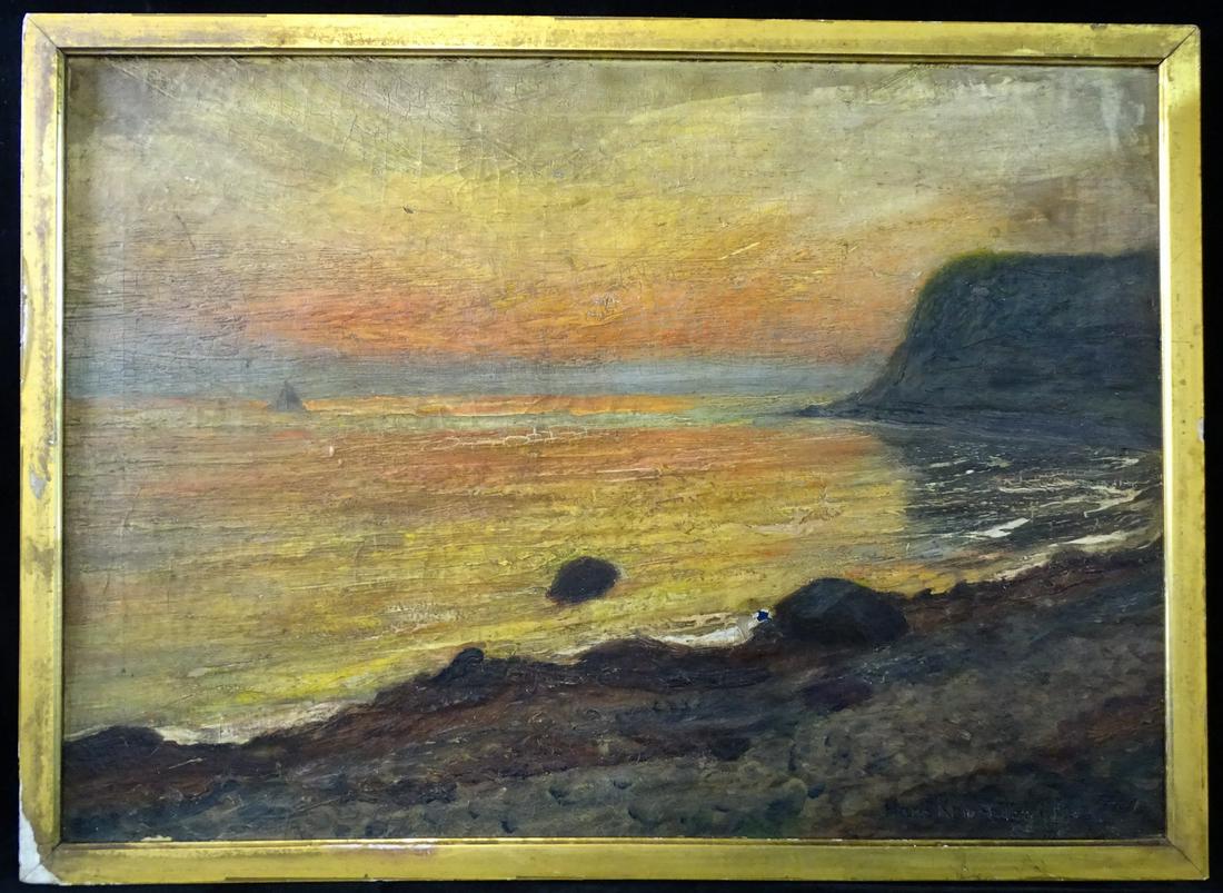HANS KOWNATZL SEASCAPE W/ SAILBOAT & CLIFFS, SUNSET, 1913 OIL/CANVAS 19.5" X 27.5" IMAGE: HANS KOWNATZL SEASCAPE W/ SAILBOAT & CLIFFS, SUNSET, 1913 OIL/CANVAS 19.5" X 27.5" IMAGE
