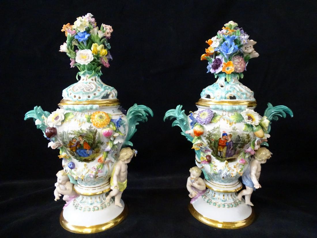 PAIR ANTIQUE MEISSEN COVERED URNS (1 of 16)