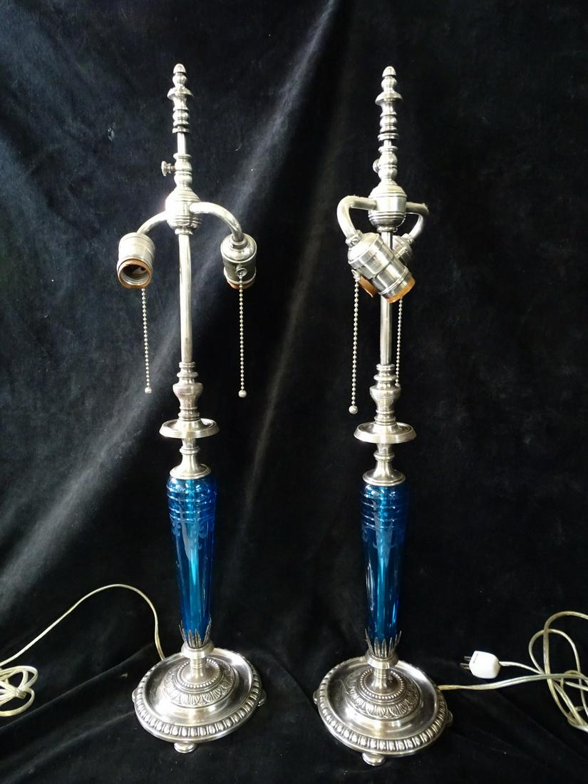 PAIR CANDLESTICK LAMPS W/ TURQUOISE ETCHED GLASS & PEWTER BASES 27" X 6" X 6" (1 of 5)
