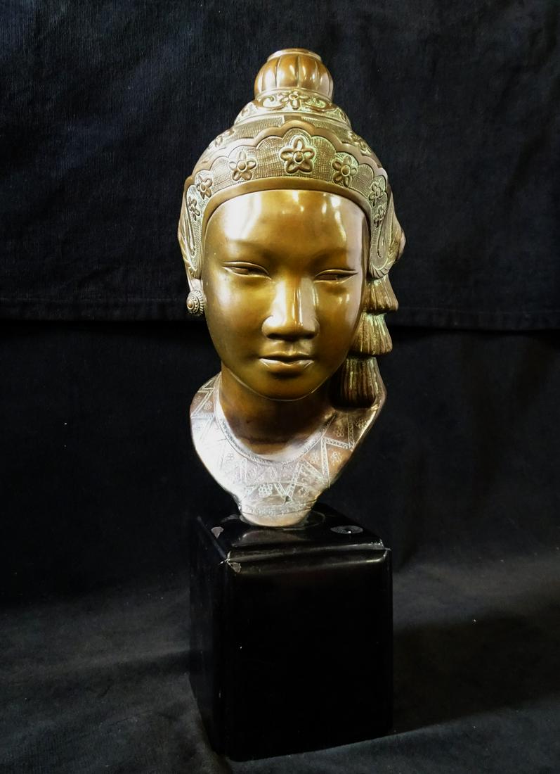 BRONZE ASIAN BUST ON WOOD PLYNTH 20 1/4"H (1 of 8)