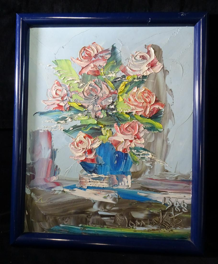 MORRIS KATZ SIGNED STILL LIFE VASE W/ FLOWERS CA. 1980S OIL/PANEL 19.5" X 15.5" IMAGE: MORRIS KATZ SIGNED STILL LIFE VASE W/ FLOWERS CA. 1980S OIL/PANEL 19.5" X 15.5" IMAGE