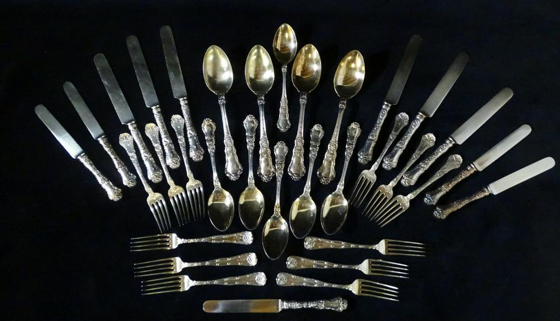 27 PCS. STERLING SILVER GORHAM OLD BARONIAL FLATWARE PLUS 6 STERLING SILVER TIFFANY FORKS 42OZS (1 of 10)