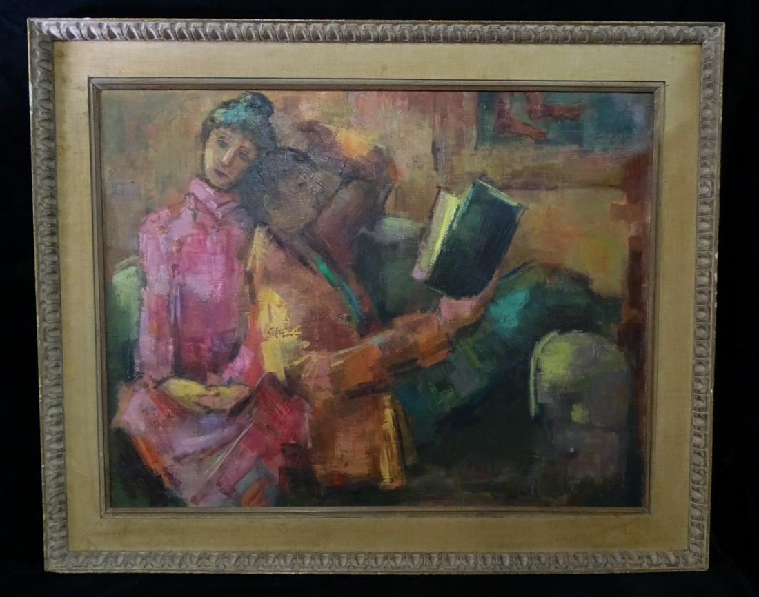 TOM MALEY SIGNED UNTITLED (TWO CHILDREN READING) 20TH CEN, OIL/CANVAS, 29" X 37.5" IMAGE, OVERSIZED (1 of 11)