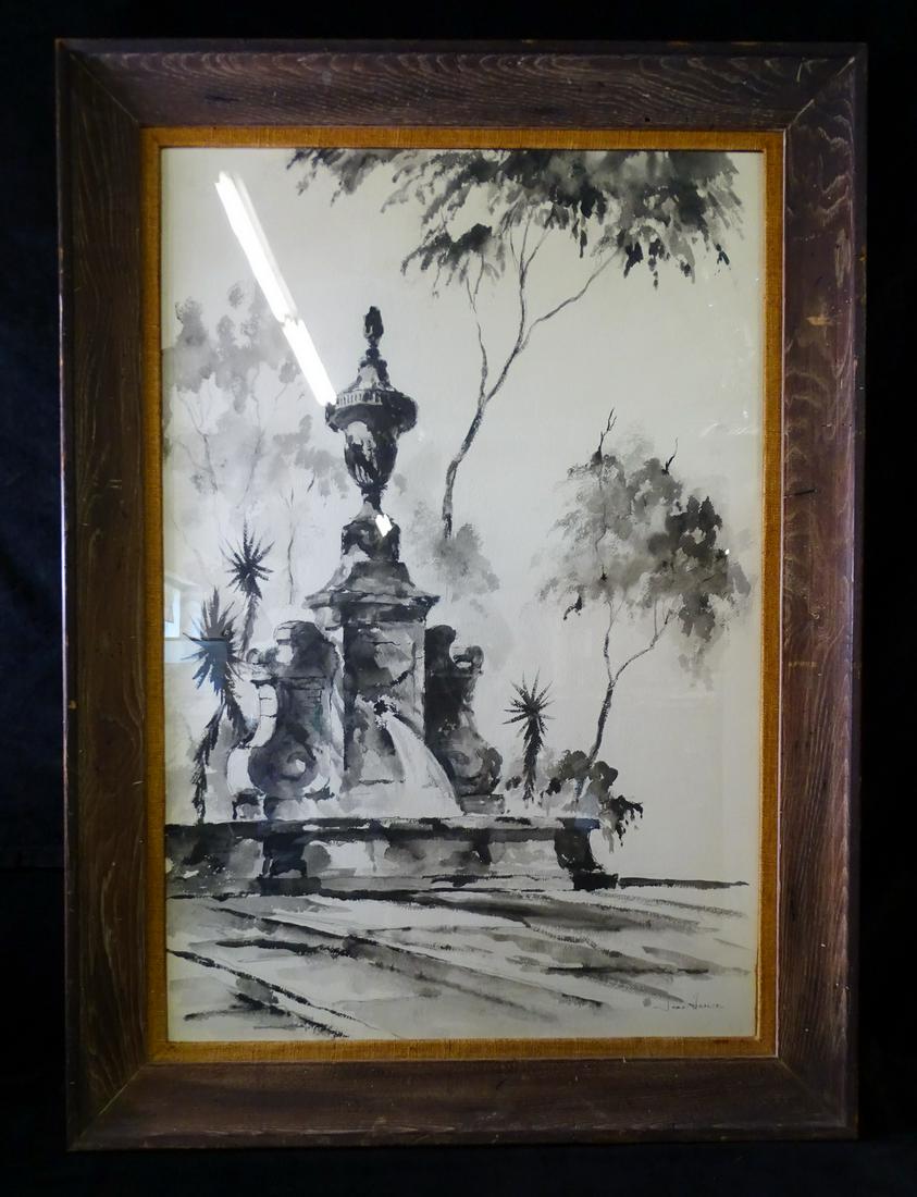 ****JOAN H?? SIGNED OVERSIZED 'FOUNTAIN W/ TREES' INK & INK WASH ON W/C PAPER 40" X 26.5" SHEET****: ****JOAN H?? SIGNED OVERSIZED 'FOUNTAIN W/ TREES' INK & INK WASH ON W/C PAPER 40" X 26.5" SHEET****