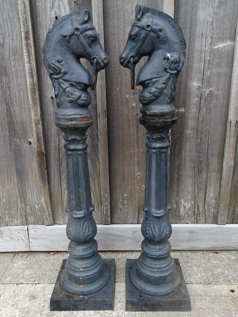 PAIR OF CAST IRON HORSE FIGURAL HITCHING POSTS 36''H: PAIR OF CAST IRON HORSE FIGURAL HITCHING POSTS 36''H