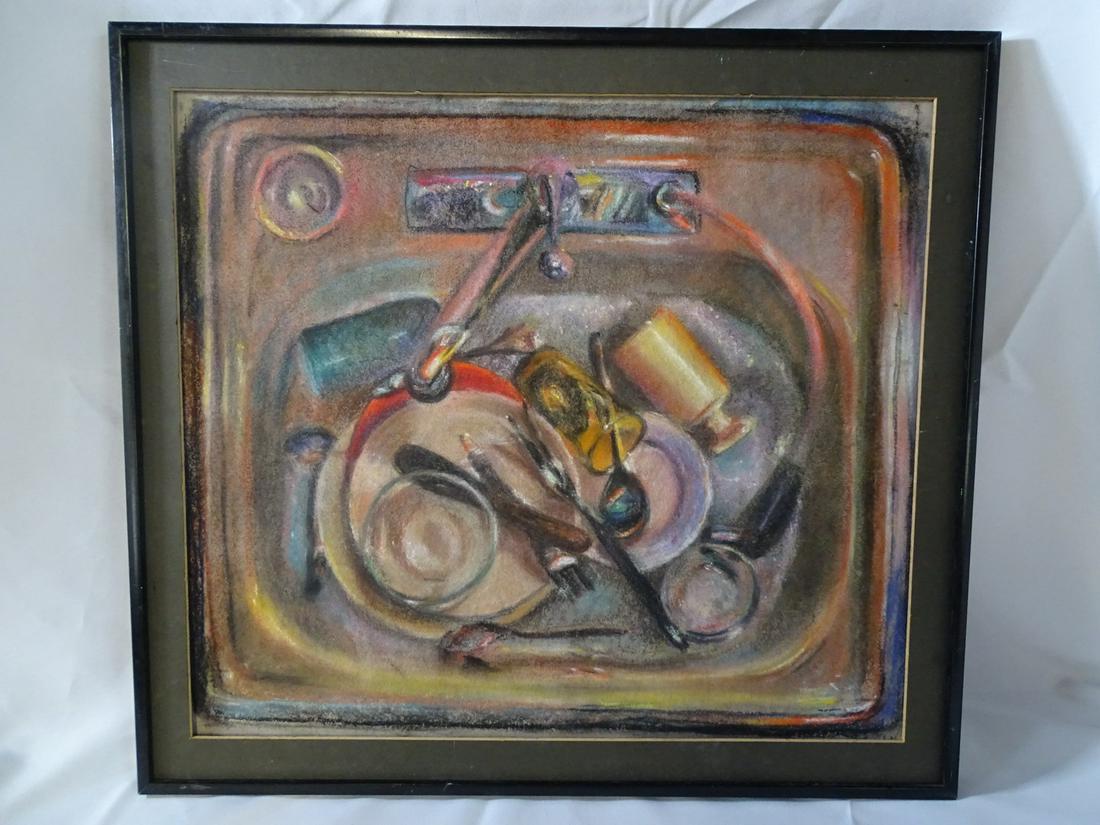 PASTEL ON CANVAS "PINK SINK" BY JOYCE STILLMAN-MYERS 1976 19.25" X 21.25" (1 of 7)