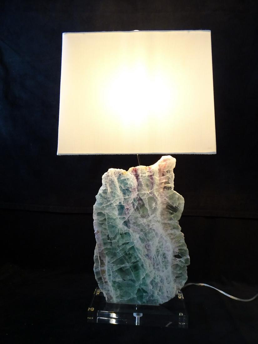 UNUSUAL QUARTZ SLAB AND LUCITE LAMP, SIGNED 31.5" x 11.5" x 5" DEEP (9" W/SHADE) (1 of 10)