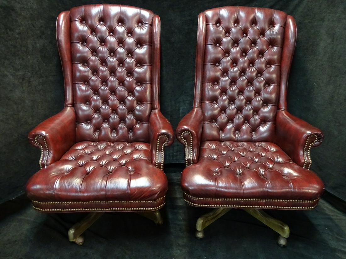PAIR OF CHESTERFIELD WING BACK OFFICE CHAIRS (SMALL RIP) 48" HIGH 30" WIDE & 20" SEAT DEPTH: PAIR OF CHESTERFIELD WING BACK OFFICE CHAIRS (SMALL RIP) 48" HIGH 30" WIDE & 20" SEAT DEPTH