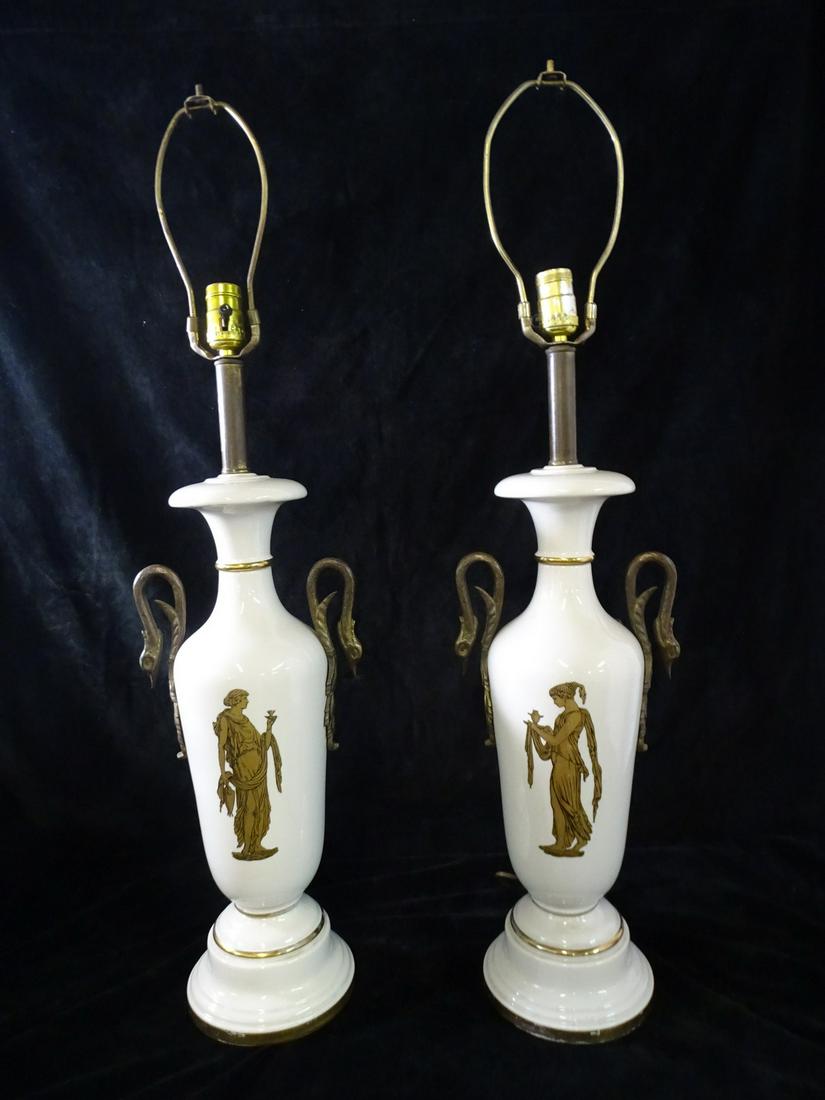 PAIR SWAN FIGURAL PORCELAIN LAMPS 35''H INC.. HARP (1 of 8)