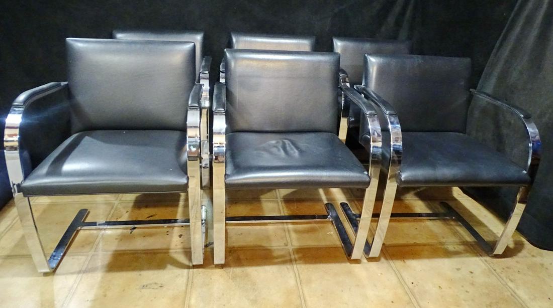 (6) KNOLL BRNO FLAT BAR CHROME AND BLACK LEATHER MIES VAN DER ROHE CHAIRS 31.5" X 23" X 22": (6) KNOLL BRNO FLAT BAR CHROME AND BLACK LEATHER MIES VAN DER ROHE CHAIRS 31.5" X 23" X 22"