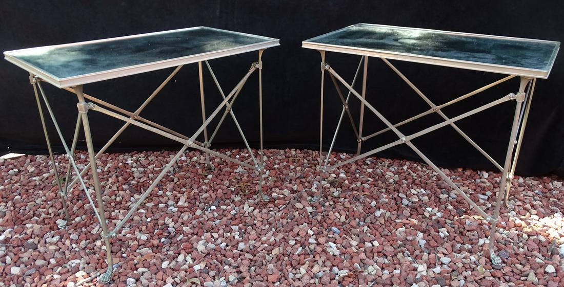 PAIR OF DIRECTOIRE STYLE BRUSHED STEEL MIRROR TOP TABLES 26" X 30" X 19.25": PAIR OF DIRECTOIRE STYLE BRUSHED STEEL MIRROR TOP TABLES 26" X 30" X 19.25"