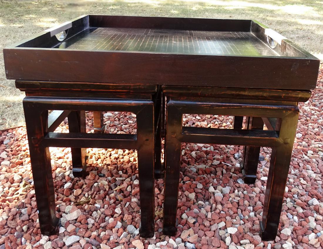 4 JAPANESE STOOLS W/TRAY TABLE FITTED TOP 22" X 30" X 30": 4 JAPANESE STOOLS W/TRAY TABLE FITTED TOP 22" X 30" X 30"