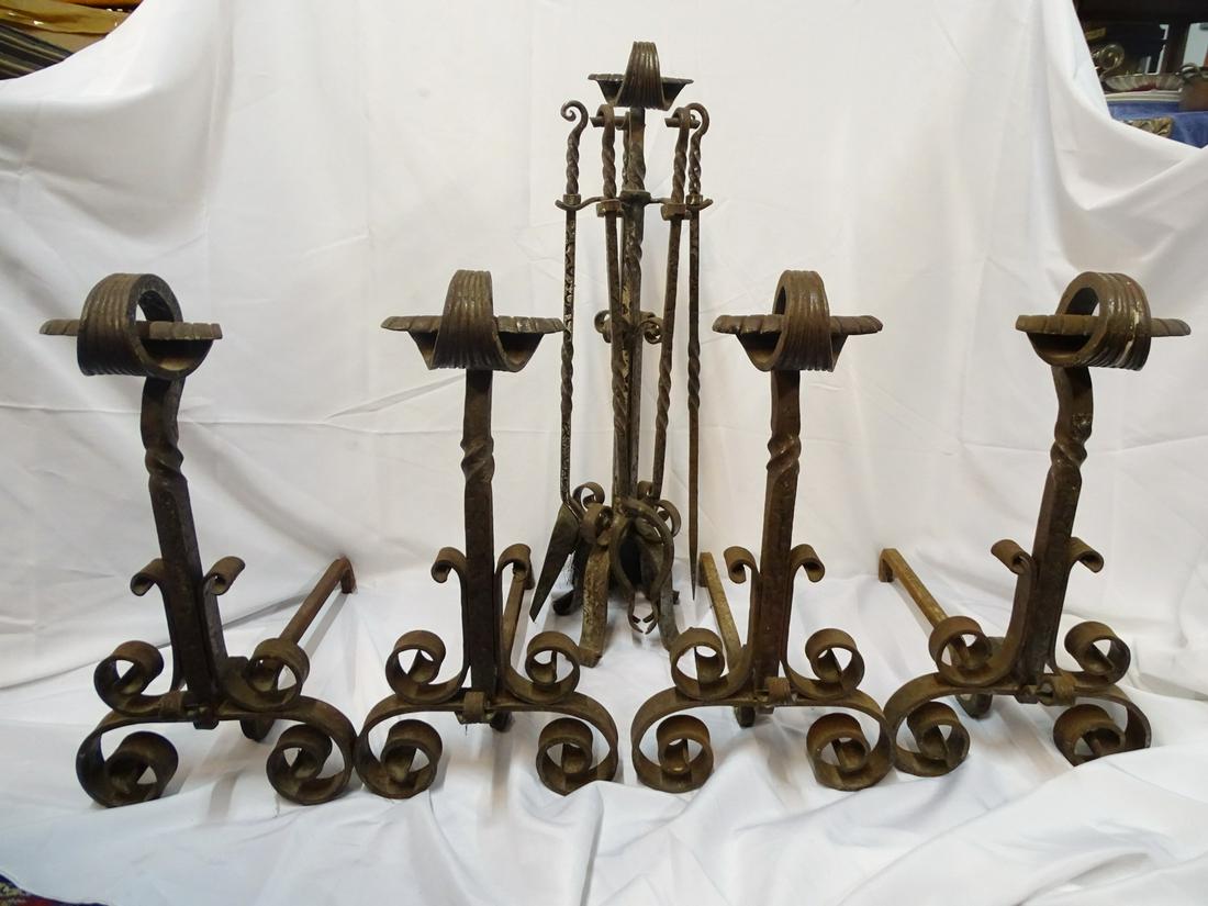 2 PAIR ARTS AND CRAFTS ANDIRONS AND TOOLS: 2 PAIR ARTS AND CRAFTS ANDIRONS AND TOOLS