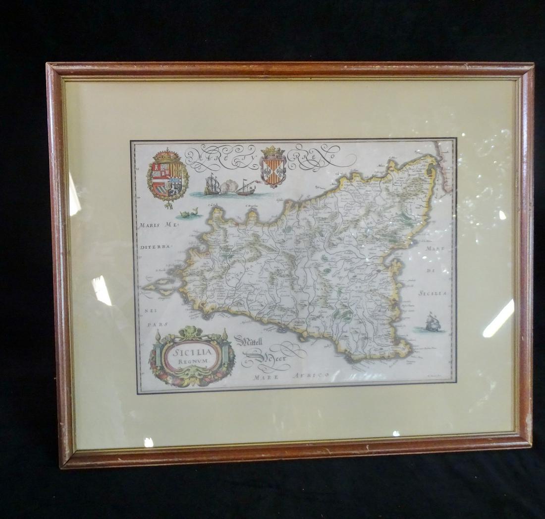 SICILIA REGNUM CA. 1649 HISTORICAL MAP SICILY HAND-COLORED ENGRAVING CA. 11X14" SHEET (1 of 7)