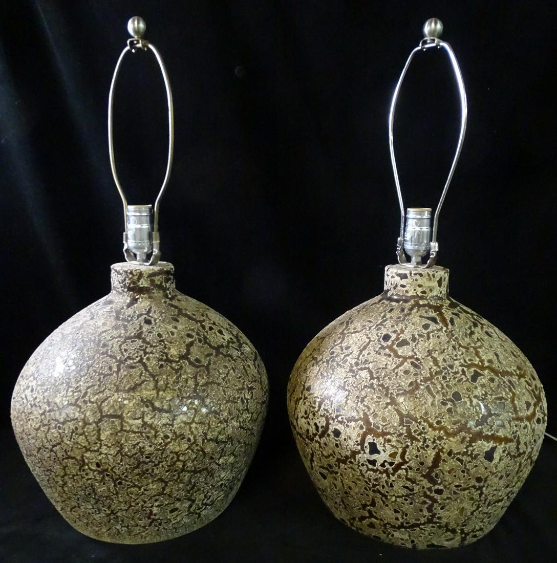 PAIR BRUTALIST STYLE PORCELAIN LAMPS 26" HIGH, 13" DIA. INC. HARP (1 of 4)