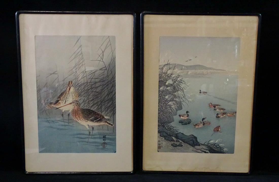 SHOSON (KOSON) OHARA (2) VINTAGE/ANTIQUE COLOR WOOBLOCKS BIRDS, GODWIT/DUCKS 14.5" X 9.25" IMAGE (1 of 12)