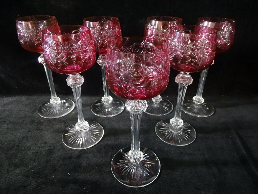 SET OF 7 CRANBERRY TO CLEAR ETCHED CRYSTAL STEMWARE 7.75" HIGH (1 of 6)