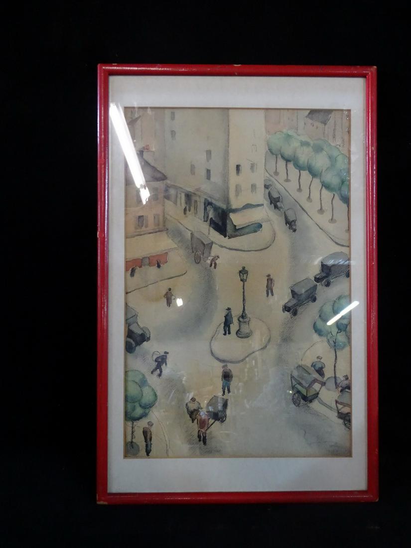 ANONYMOUS WATERCOLOR, PARIS STREET, BIRDS EYE VIEW, CA. 1930S, 16" X 10" IMAGE (1 of 5)